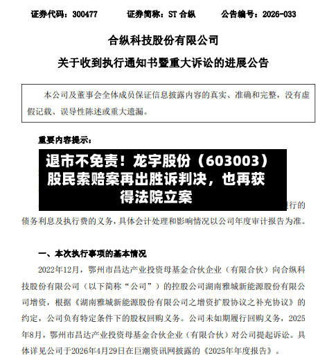 退市不免责！龙宇股份（603003）股民索赔案再出胜诉判决	，也再获得法院立案-第3张图片